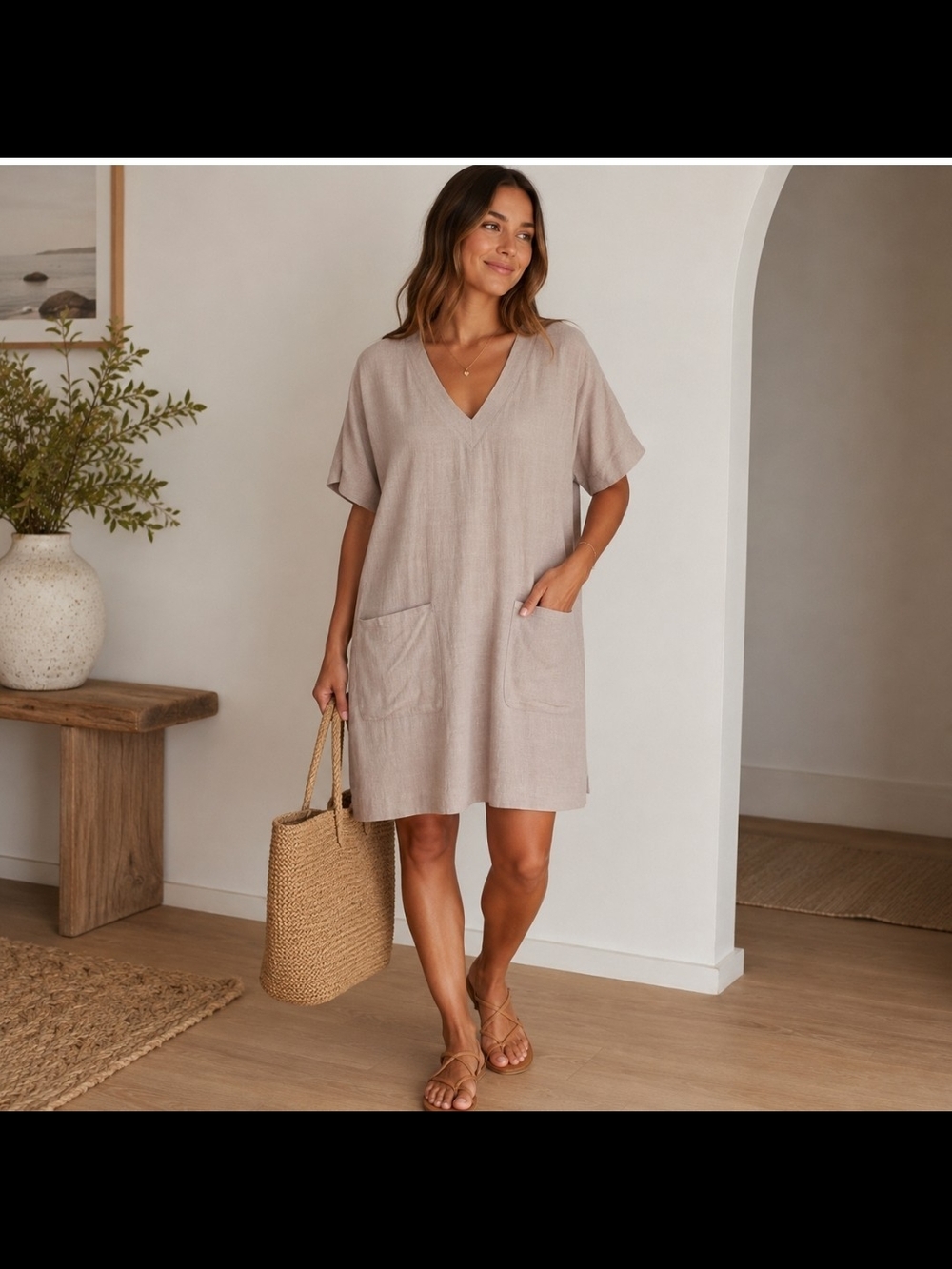 Splendid Linen Blend V Neck Shift Dress Taupe Pockets Short Sleeve Women's M
